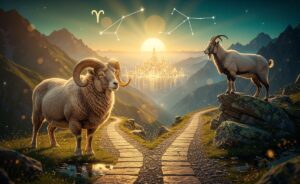 Illustration von Widder und Steinbock am 20. März 2026 auf neuen Wegen zu Fülle und Wohlstand