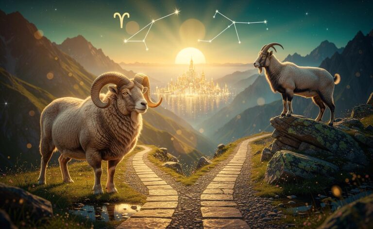 Illustration von Widder und Steinbock am 20. März 2026 auf neuen Wegen zu Fülle und Wohlstand