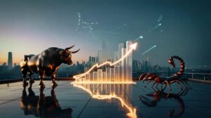 Illustration von Stier und Skorpion, die am 19. März 2026 finanzielle Höhepunkte erreichen, vor aufsteigendem Börsenchart