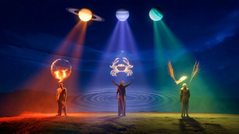 Illustration von drei Sternzeichen (Widder, Krebs, Jungfrau), die am 19. März 2026 durch kosmische Impulse persönliche Entwicklung erfahren