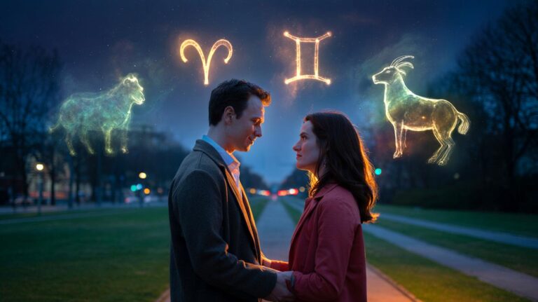 Illustration von vier Sternzeichen, die am 19. März 2026 ihren wahren Seelenpartner finden