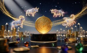 Illustration von den vier Sternzeichen Widder, Stier, Krebs und Skorpion, die ab dem 20. März 2026 finanziellen Wohlstand anziehen