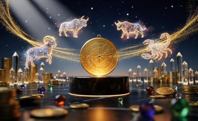 Illustration von den vier Sternzeichen Widder, Stier, Krebs und Skorpion, die ab dem 20. März 2026 finanziellen Wohlstand anziehen