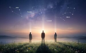 Illustration von fünf Sternzeichen, die ab dem 20. März 2026 sanfte Führung von den Sternen erhalten.