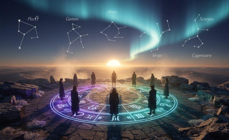 Illustration von sieben Sternzeichen, die am 20. März 2026 in eine Phase der Transformation eintreten