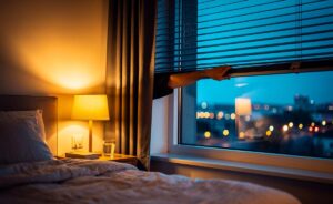 Illustration von um 20:00 Uhr geschlossenen Rollläden zur abendlichen Verdunkelung für besseren Schlaf und stabilen circadianen Rhythmus