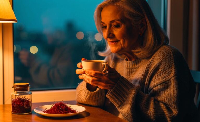 Illustration von einer Person über 60, die abends eine Tasse Safran-Tee zur natürlichen Entspannung genießt