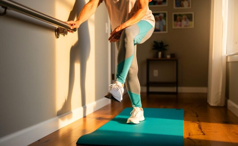 Illustration von einer älteren Person (71+), die am Handlauf den Zehenspitzenstand zur Sturzprävention und für sicheres Gehen ausführt