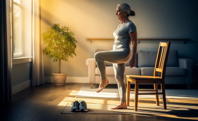 Illustration von einer Seniorin, die zu Hause an einem Stuhl einen Einbeinstand für sicheres Stehen und weniger Stolpergefahr übt