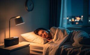 Illustration von einer Person, die ab 22:00 Uhr im Schlafzimmer leise Musik hört, um den Schlaf nachhaltig zu verbessern