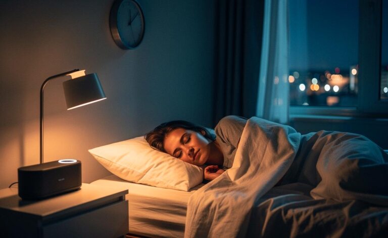 Illustration von einer Person, die ab 22:00 Uhr im Schlafzimmer leise Musik hört, um den Schlaf nachhaltig zu verbessern