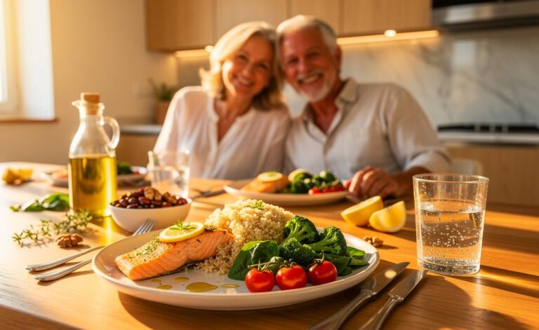 Illustration von [einem leichten, herzgesunden Abendessen für Menschen ab 60 mit mediterranen Zutaten]