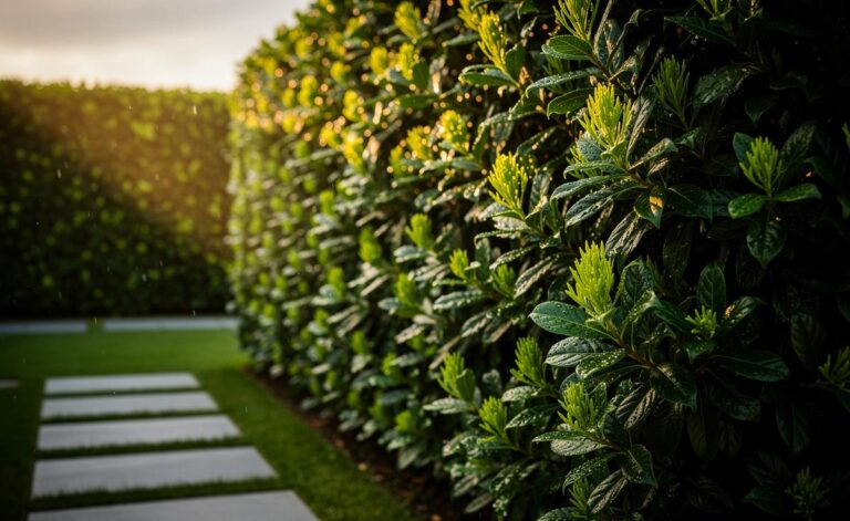 Illustration von einer dicht gewachsenen, immergrünen Kirschlorbeerhecke als schnell wachsende Alternative zu Liguster im Garten