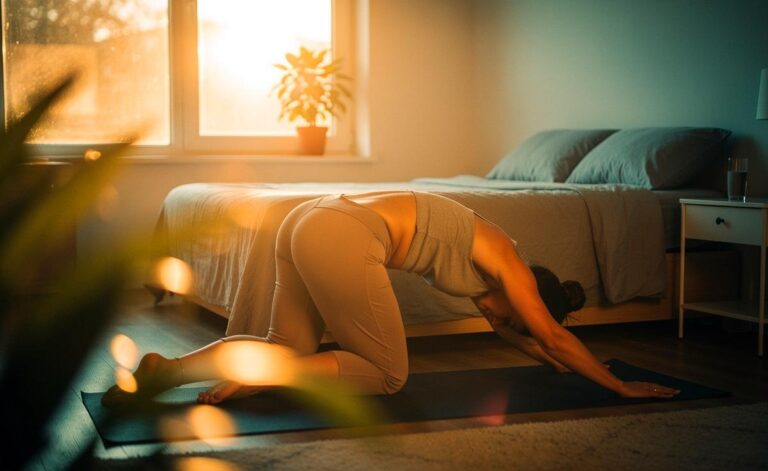 Illustration von [einer einfachen Morgenbewegung direkt nach dem Aufstehen zur nachhaltigen Aktivierung der Wirbelsäule]