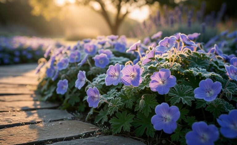 Illustration von Geranium ‚Rozanne‘ als pflegeleichtem Bodendecker, der Unkraut natürlich verdrängt und bis zum ersten Frost blüht