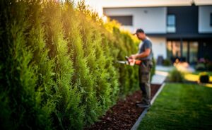 Illustration von einer dichten, schnell wachsenden Leyland-Zypressen-Hecke als robustem Sichtschutz im Garten