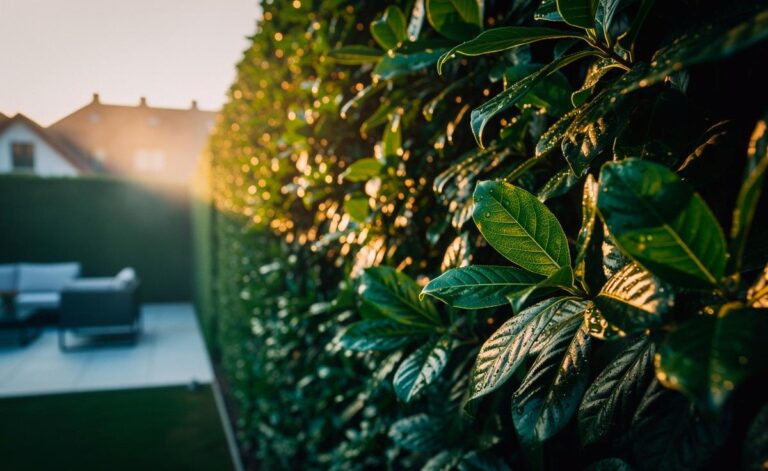 Illustration von [einer dichten, schnell wachsenden Sichtschutzhecke als robuster Alternative zu herkömmlichen Hecken]