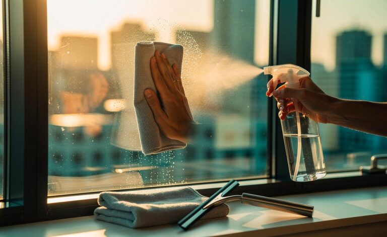 Illustration von [streifenfreiem Reinigen mit weniger Putzmittel mittels Zwei-Tuch-Methode, destilliertem Wasser und Mikrofaser auf Glasflächen]