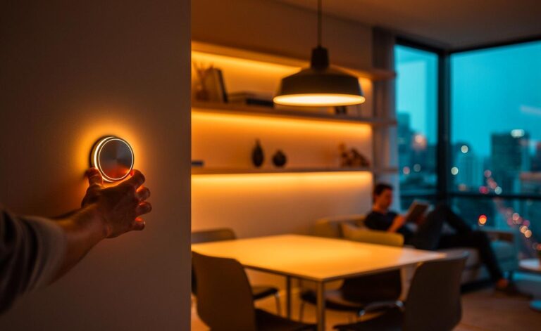 Illustration von einem Energieexperten, der abends das Dimmen von LED-Licht zur Verbesserung der Strombilanz erklärt