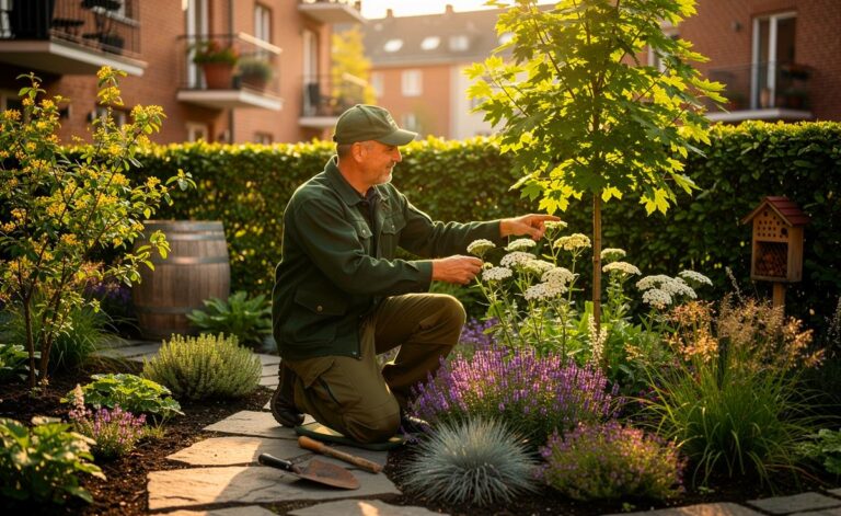 Illustration von einem Förster, der im Stadtgarten heimische Gehölze, Stauden und Gräser erklärt