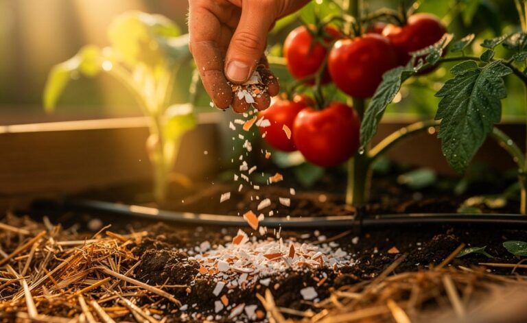 Illustration von zerkleinerten Eierschalen, die in den Boden um Tomatenpflanzen eingearbeitet werden, um die Krankheitsresistenz zu erhöhen