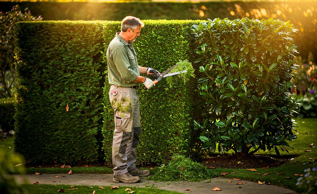 Ein Gärtner zeigt, welche drei Sträucher Thuja in puncto Dichte und Schnittfestigkeit schlagen.