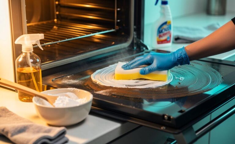 Illustration von der Reinigung eines Backofens mit Backpulverpaste als Alternative zu teuren Reinigern