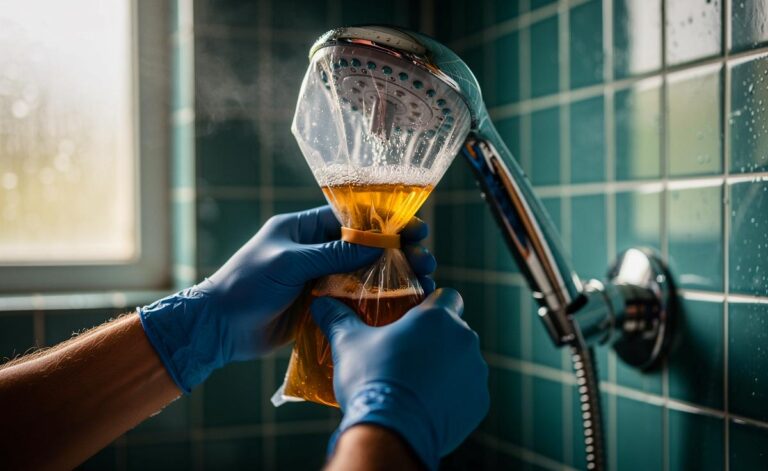 Illustration von einem Klempner, der einen Duschkopf mit Essig entkalkt