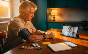 Illustration von selteneren Gesundheits-Checks ab 65 und wirksamer Selbstvorsorge mit Blutdruckmessung, Hausarztgespräch und digitaler Unterstützung