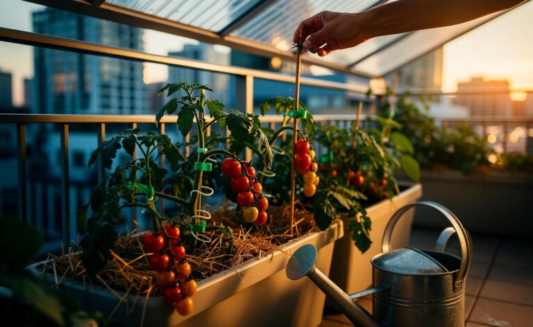 Illustration von Tomaten im Topf auf dem sonnigen Balkon mit Stützstab, Mulch und Gießkanne für eine schnelle, ertragreiche Ernte