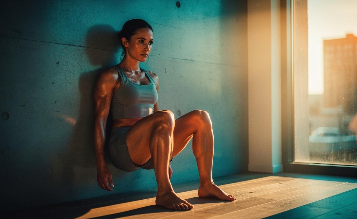 Illustration von einer Person im Wandsitz – der isometrischen 65‑Sekunden‑Übung für straffere Beine ohne Geräte