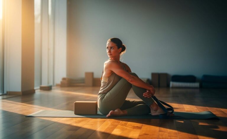 Illustration von Iyengar-Yoga zur Verbesserung der Wirbelsäulenbeweglichkeit mit Yogablock und Yogagurt