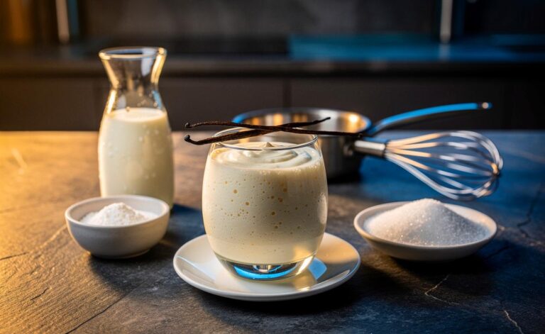 Illustration von einer leichten Vanillecreme aus Milch, Vanillezucker und Speisestärke