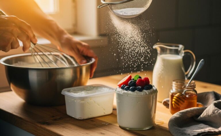 Illustration von lockerer, klümpchenfreier Quarkcreme aus drei Zutaten, von Hand mit Schneebesen zubereitet