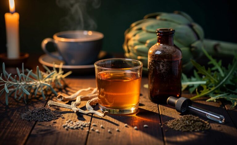 Illustration von einem kleinen Glas Kräuterbitter am Abend, umgeben von Enzian, Wermut und Artischockenblättern, als verdauungsfördernder Digestif neben einer Tasse Kräutertee