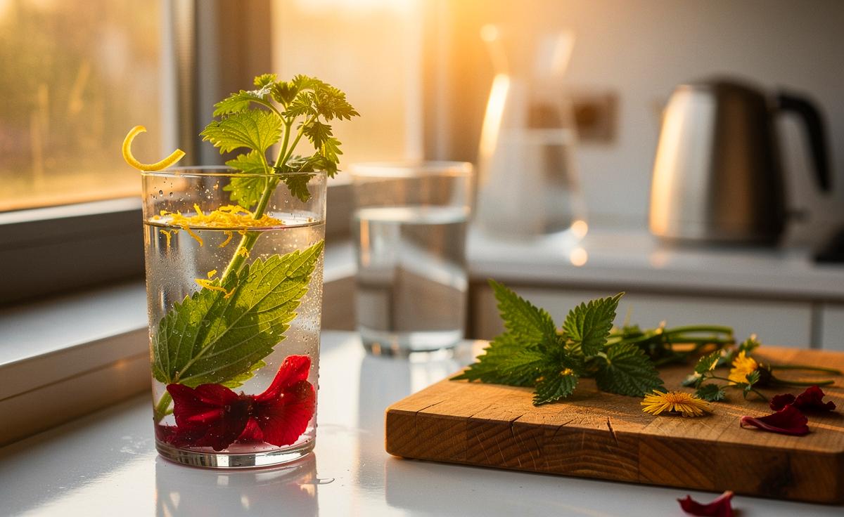 Illustration von einem Glas Kräuterwasser am Morgen zur Unterstützung der Nierenfunktion neben einem Glas reinen Wassers