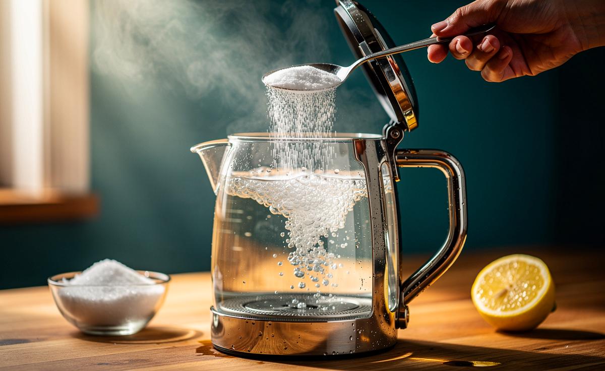 Illustration von der Entkalkung eines Wasserkochers mit einem Löffel Zitronensäure