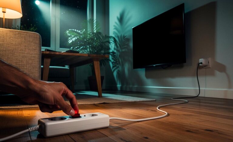 Illustration von einem vollständig ausgeschalteten Fernseher, der über eine schaltbare Steckdosenleiste vom Netz getrennt ist, mit Symbolen für sinkende Stromrechnung und geringere CO₂-Emissionen