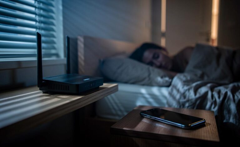 Illustration von einem abends ausgeschalteten WLAN‑Router zur Erhöhung der WLAN‑Sicherheit und Förderung des Schlafs