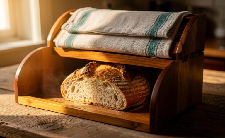 Illustration von einem Brotkasten mit feuchtem Küchentuch zur Verlängerung der Haltbarkeit von Brot