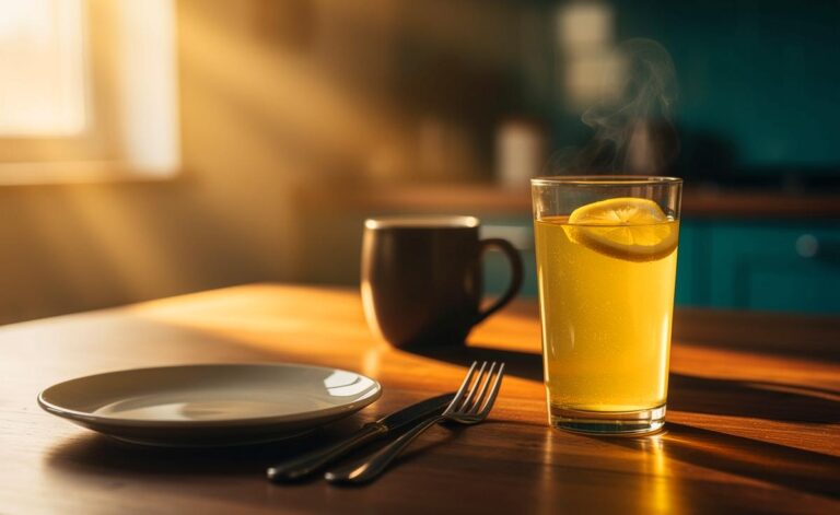 Illustration von [einem Glas lauwarmen Zitronenwassers neben einer Tasse Kaffee als morgendliche Wahl auf nüchternen Magen]