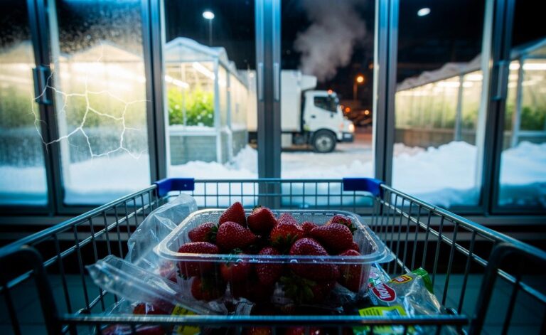 Illustration von Erdbeeren im Dezember mit hoher CO2-Bilanz, Wasserknappheit und langen, gekühlten Transportwegen