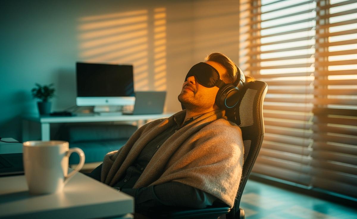 Illustration von einem kurzen Power-Nap am Arbeitsplatz als Alternative zu Koffein bei Erschöpfung, empfohlen von Psychologen