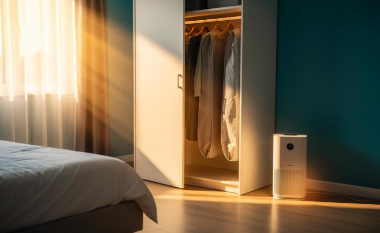 Illustration von einem Schlafzimmer mit offen gelassener Schranktür zur Verringerung von Staub