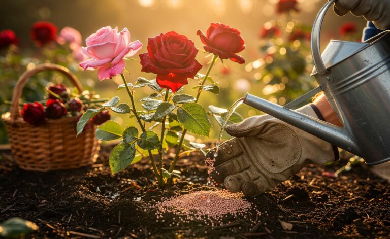 Illustration von einer Person, die Rosendünger gleichmäßig um blühende Rosen verteilt, Kompost als Mulch einarbeitet und mit der Gießkanne einschlämmt, um die Herbstblüte zu verlängern